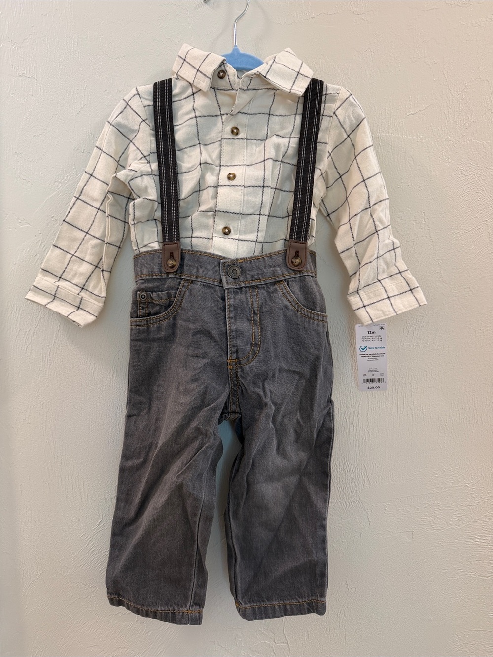 Carters Just One You Gray Denim Overalls with Black Suspenders and Plaid Onesie
